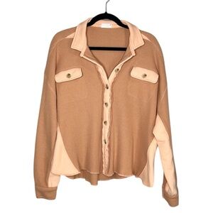 Oversized mixed material waffle button down shacket top size Medium